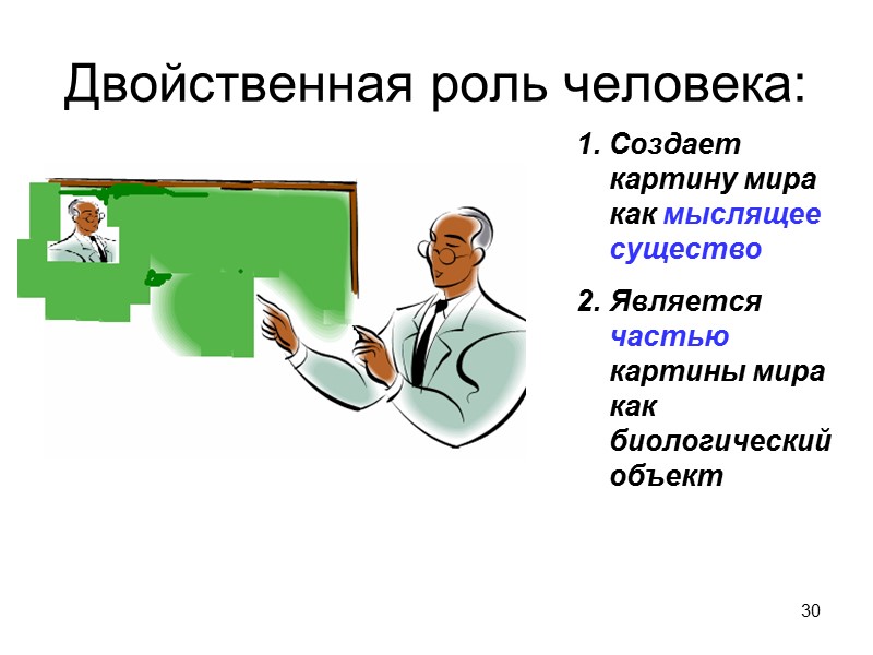 30 Двойственная роль человека: Создает картину мира как мыслящее существо Является частью картины мира